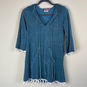 Vintage Y2K Juicy Couture Terry Cloth Swim Cover Pom Pom Dress Blue Size Small